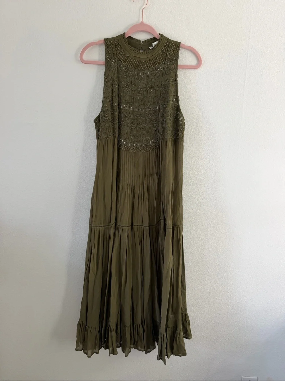Sundance Women’s Army Green Embroidered Beaded Sleeveless Midi Dress NWT - Picture 2 of 5
